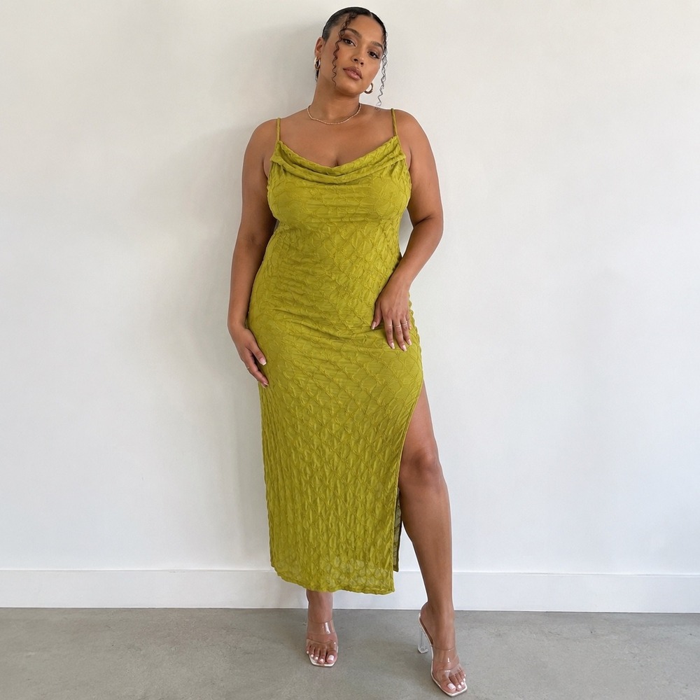 PrettyLittleThing Chartreuse Textured Cowl Neck Side Slit Midi Dress 14